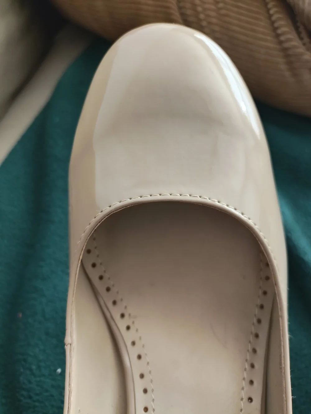 Adrienne Vittadini Patent Leather Round-Toe in Light Beige Block Pumps